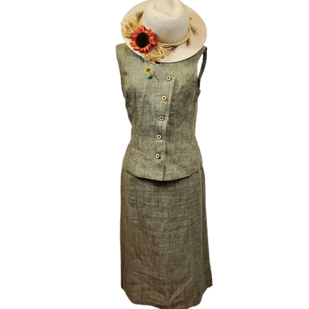 Geiger Green 100% Linen Embroidered Skirt Set